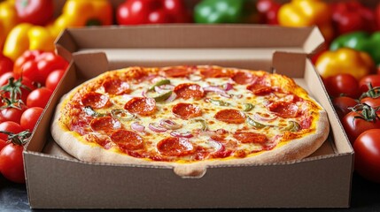 A freshly baked pepperoni pizza sits in a cardboard box surrounded by colorful vegetables, showcasing vibrant red tomatoes and peppers.