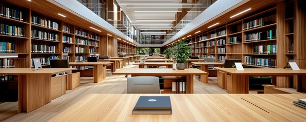 Obraz premium A modern library interior featuring wooden shelves filled with books, spacious tables, and large windows for natural light.