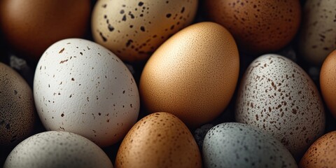 Close up of chicken eggs presented against a dark background, showcasing the texture and color variations of chicken eggs for a detailed visual appeal. Perfect for representing chicken eggs in various