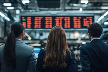Diverse Team Observes Stock Market Ticker Displaying Falling Red Numbers in Dynamic Office Environment with High-Tech Lighting