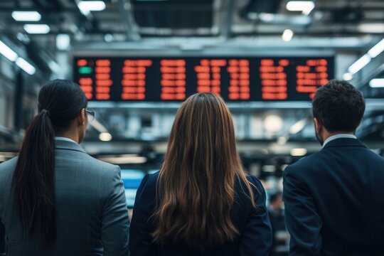 Diverse Team Observes Stock Market Ticker Displaying Falling Red Numbers in Dynamic Office Environment with High-Tech Lighting