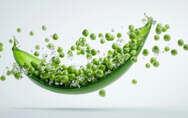A shiny green pea pod floating mid-air with peas spilling out dynamically, on a white background