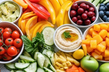Fresh veggies and assorted healthy snacks for wholesome snacking adventure in a colorful kitchen setting engaging overview of nutrient-packed options