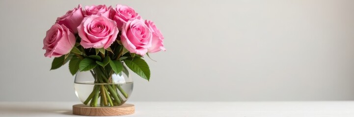 Fototapeta premium Fresh pink roses arranged in a clear glass vase with a natural wood base , coastal, beach, vase