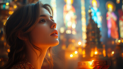 Woman Lighting Candle in Church with Vibrant Stained Glass Background