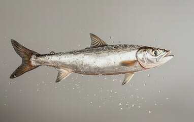 Naklejka premium A silver herring fish hovering mid-air with water droplets, set on a neutral gray background