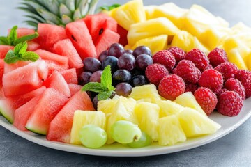 Refreshing fruit snack platter with assorted fresh fruits modern kitchen setting high-quality photography inviting atmosphere emphasis on healthy eating concepts