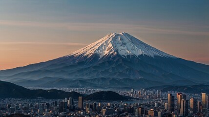 Panoramic evening view of Mount Fuji. Landscape with Mountain Peaks in Japan. Large mountain with snow capped peak and foggy city in foreground
