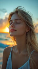 Naklejka premium A young woman relaxes on the shore, embracing the soothing ocean breeze as the sun sets, painting the sky in warm hues of orange and yellow