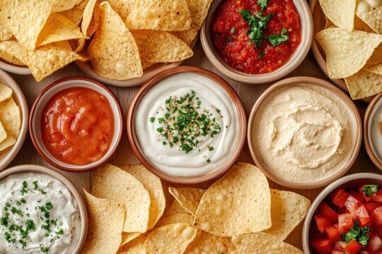 Delicious selection of crispy chips and savory dips for snacks perfect for parties and gatherings set in a cozy kitchen environment top-down view for visual appeal