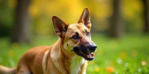 Large brown crossbreed dog tilting head to sniff surroundings, canine, pet photography