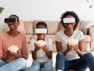 A diverse family sitting together on the floor, each wearing VR glasses and eating popcorn