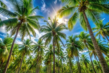 Sun-drenched palms sway gently, coconuts dangle, a long exposure captures paradise's vibrant summer day.