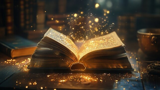 Magic, fantasy and spiritual with book and light on table for fairytale, imagination and night. Ai generated, inspiration and learning with literature and glitter for magical, education and hope