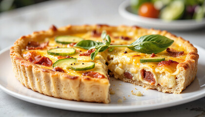  Zucchini and Cheese Quiche with Basil on White Plate