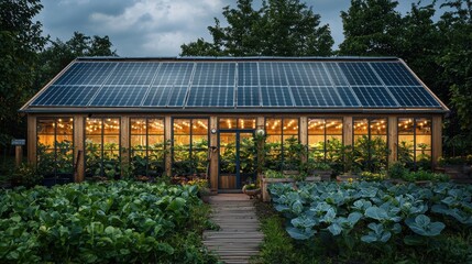 Modern greenhouse with solar panels, illuminated warmly, surrounded by thriving vegetable plants
