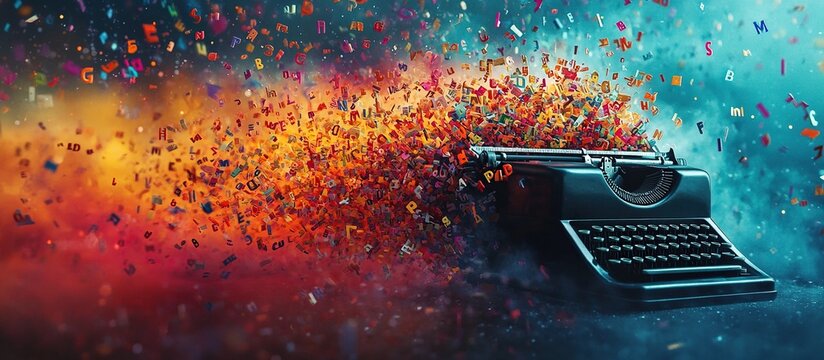 Vintage typewriter with colorful letters exploding.