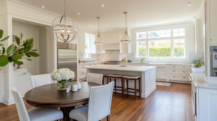 Elegant White Kitchen with Island and Dining Area