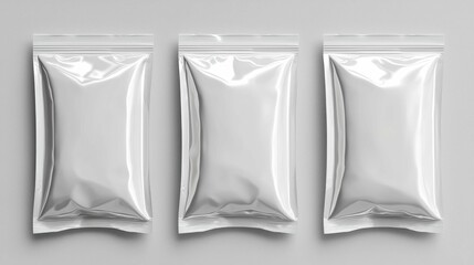 Three identical silver packaging bags arranged neatly on a light grey surface, suitable for various products.