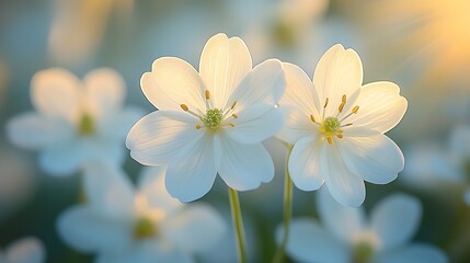Fototapeta premium Two Delicate White Flowers Illuminated By Golden Sunlight