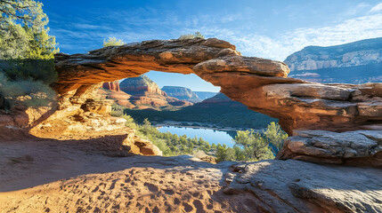 Obraz premium Majestic Natural Arch Overlooking Arizona's Red Rock Landscape and Serene Lake