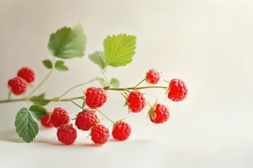 close-up of raspberries on a branch with leaves