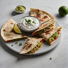A quesadilla cut into quarters, arranged neatly with dollops of guacamole and sour cream, on a white countertop.