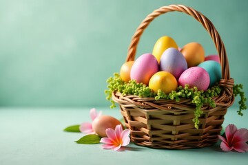 Vibrant Easter eggs piled high in a wooden basket, baskets, orange