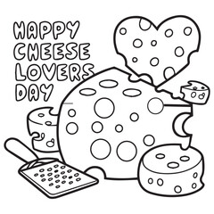 Cheese lover's day background colouring page line art vector on a white background