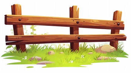 Serene Cartoon Rural Wooden Fence in Green Grass Vector Illustration