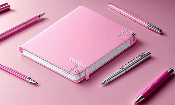 Pink Notebook and Pens on Pink Background: A Minimalist Stationery Scene