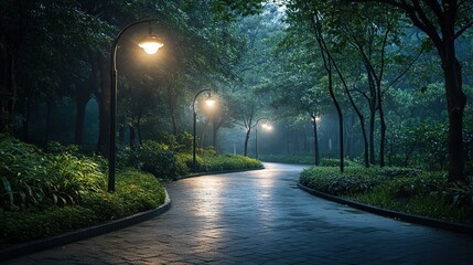 Obraz premium Winding path in misty night park with lights.