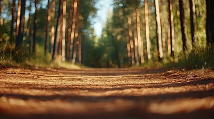 Obraz premium Autumn forest concept. A serene forest path surrounded by tall trees, inviting for a nature walk.