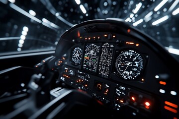 Futuristic aircraft cockpit with advanced instrumentation.