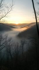 Naklejka premium Stunning sunrise over the misty valley in National Park with vibrant autumn foliage