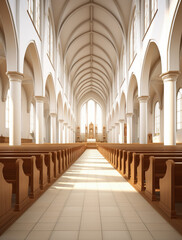 Obraz premium The interior space of a church features neatly arranged rows of wooden benches, providing a serene atmosphere for worshippers to gather