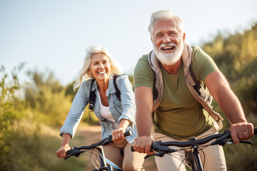 an elderly husband and wife pedal side by side, reveling in the simple pleasure of cycling together on a beautiful autumn day.