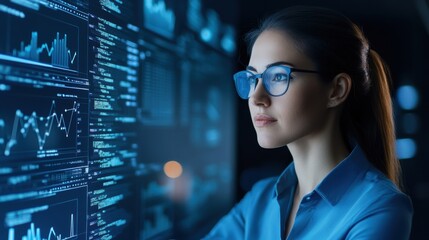 Professional woman analyzes data on a futuristic screen filled with charts and analytics in a modern office
