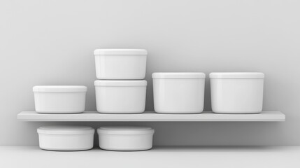 Minimalistic Arrangement of White Containers on a Simple Shelf Against Soft Gray Background for Contemporary Interior Design and Storage Concepts