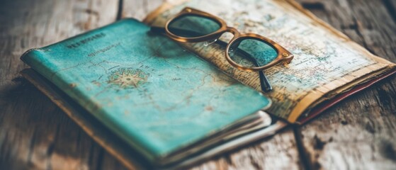 Maps and a travel journal are spread out on a rustic wooden table, with sunglasses resting on top, suggesting a sunny journey ahead