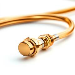 Close-up of a shiny golden connector with a flexible hose, isolated on white background.