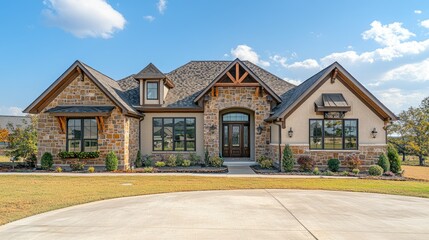 Luxurious countryside estate showcasing stone and stucco exterior, arched entryway, and a welcoming driveway under a clear blue sky.