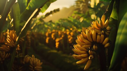 Fototapeta premium 72.A wide-format header image of a banana plantation, with rows of banana trees bearing clusters of ripening yellow bananas. The scene showcases the rich green of the foliage and the warm yellow