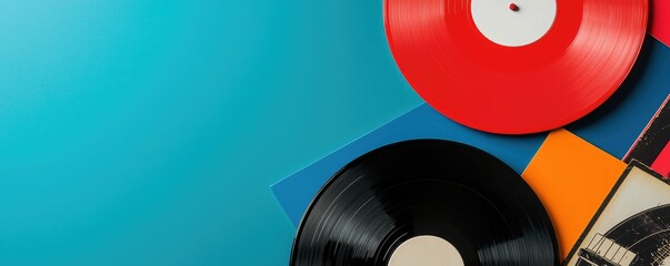 A vibrant collection of vinyl records in various colors, showcasing a retro music theme against a bright blue background.