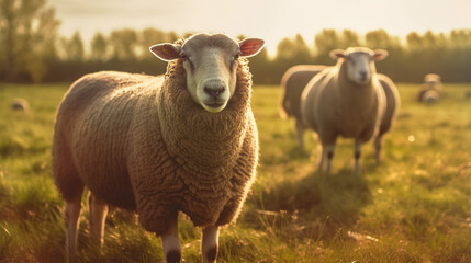 Obraz premium Tranquil Pastoral Scene Featuring Sheep Grazing in a Lush Green Field Under Soft Golden Light During a Serene Sunset in Rural Countryside