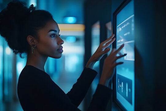 Woman Using ATM Touchscreen in Modern Bank Interior Reflects Technological Proficiency and Independence
