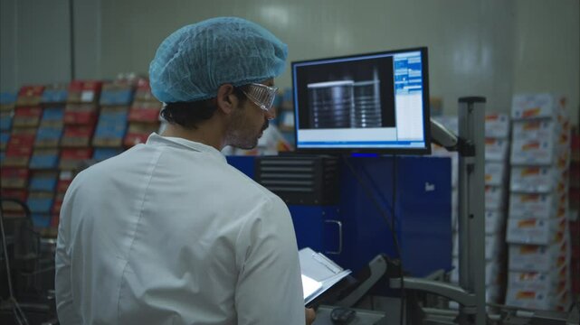 The production control supervisor inspects and controls the operation of machines in the manufacturing line of a canned fish industry