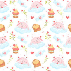 Seamless pattern with bunny on cloud, Scandinavian happy bunny with valentine, love letter and sweets with hearts. Vector illustration for Valentine's day, for wrapping paper and cards.