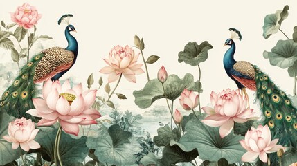 85.A beautifully illustrated vintage border pattern with soft pink lotus and roses, vibrant peacocks, and green foliage, designed as a continuous, seamless vintage Chinese motif for use in textile or