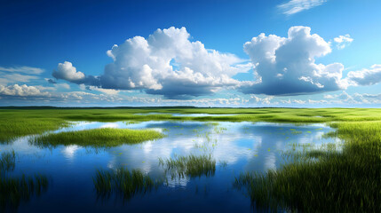 Obraz premium Stunning landscape of a tranquil meadow reflecting the sky